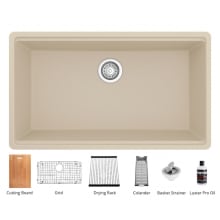 Quartz QU 32-1/2" Undermount Single Basin Quartz Composite Kitchen Sink with Basin Rack, Basket Strainer, Colander, and Cutting Board