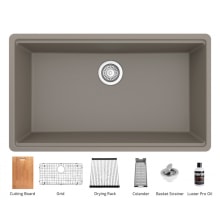 Quartz QU 32-1/2" Undermount Single Basin Quartz Composite Kitchen Sink with Basin Rack, Basket Strainer, Colander, and Cutting Board