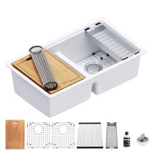 32-1/2" Undermount Double Basin Quartz Composite Kitchen Sink with Basin Rack, Basket Strainer, Colander and Cutting Board