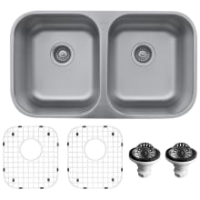 U Series 31-1/2" Undermount Double Basin Stainless Steel Kitchen Sink with Basin Rack and Basket Strainer