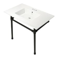 Dreyfuss 37-3/8" Rectangular Ceramic, Stainless Steel, and Wall Mounted Bathroom Sink with Overflow and 3 Faucet Holes at 4" Centers