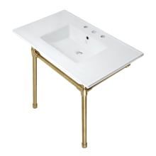 Dreyfuss 37-3/8" Rectangular Stainless Steel and Ceramic Pedestal Bathroom Sink with Overflow and 3 Faucet Holes at 8" Centers
