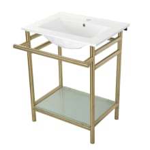 24" Rectangular Ceramic, Glass, Stainless Steel Console Bathroom Sink with Overflow and Single Faucet Hole