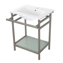 24" Rectangular Ceramic, Glass, Stainless Steel Console Bathroom Sink with Overflow and Single Faucet Hole