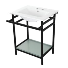 24" Rectangular Ceramic, Glass, Stainless Steel Console Bathroom Sink with Overflow and 3 Faucet Holes at 4" Centers