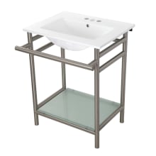 24" Rectangular Ceramic, Glass, Stainless Steel Console Bathroom Sink with Overflow and 3 Faucet Holes at 4" Centers