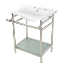 24" Rectangular Ceramic, Glass, Stainless Steel Console Bathroom Sink with Overflow and 3 Faucet Holes at 8" Centers