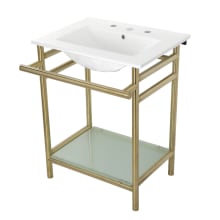 24" Rectangular Ceramic, Glass, Stainless Steel Console Bathroom Sink with Overflow and 3 Faucet Holes at 8" Centers