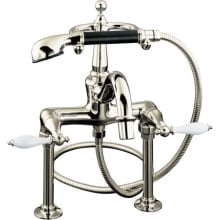 Double Handle Deck Mounted Roman Tub Filler with Porcelain Lever Handles and Handshower from the Finial Traditional Series