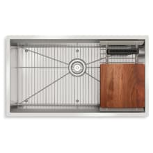 Tempered 32-1/4" Undermount Single Basin Stainless Steel Workstation Kitchen Sink with Walnut Cutting Board, Knife Holder, Drying Rack, and Bottom Sink Rack