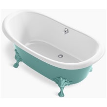 Artifacts 67" Free Standing Cast Iron Soaking Tub with Heritage Spring Green Exterior, Center Drain, and Overflow