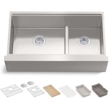 Strive 35-1/2" Farmhouse Double Basin Stainless Steel Kitchen Sink with Basket Strainer, Colander, Cutting Board and Drain Board