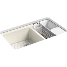 Riverby 33" Undermount 60/40 Double Basin Enameled Cast Iron Workstation Kitchen Sink with Basin Rack, Colander, Cutting Board, and Utility Rack