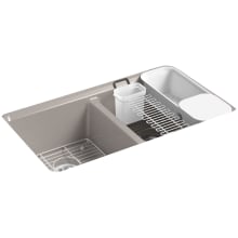 Riverby 33" Undermount 50/50 Double Basin Enameled Cast Iron Workstation Kitchen Sink with Basin Rack, Colander, Cutting Board, and Utility Rack