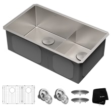 Standart Pro 32" Undermount Double Basin Kitchen Sink - Includes Bottom Grid, Drain Assembly, Drain Cap, and Kitchen Towel