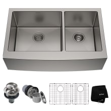 35-7/8" Double Basin 16 Gauge Stainless Steel Kitchen Sink for Farmhouse Installations with 60/40 Split - Basin Racks and Basket Strainers Included