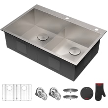 Pax 33" Drop In Double Basin Kitchen Sink - Includes Bottom Grid, Drain Assembly, Drain Cap an Kitchen Towel