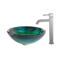Bathroom Combo - 17" Nei Glass Vessel Bathroom Sink with Vessel Faucet, Pop-Up Drain and Mounting Ring