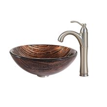 Bathroom Combo - 17" Gaia Glass Vessel Bathroom Sink with Vessel Faucet, Pop-Up Drain and Mounting Ring