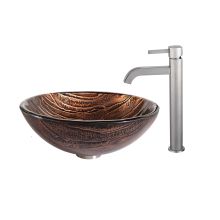 Bathroom Combo - 17" Gaia Glass Vessel Bathroom Sink with Vessel Faucet, Pop-Up Drain and Mounting Ring