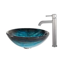 Bathroom Combo - 17" Ladon Glass Vessel Bathroom Sink with Vessel Faucet, Pop-Up Drain and Mounting Ring