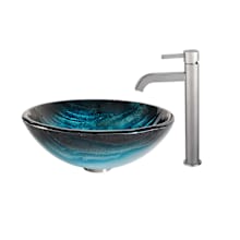 Bathroom Combo - 17" Ladon Glass Vessel Bathroom Sink with Vessel Faucet, Pop-Up Drain and Mounting Ring