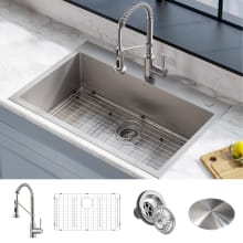 Stark 33" Drop In or Undermount Single Basin Stainless Steel Kitchen Sink with Single Hole 1.75 GPM Kitchen Faucet and Basin Rack