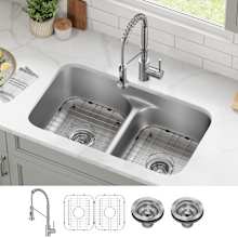 Premier 32” Undermount 50/50 Double Bowl 18-Gauge Stainless Steel Kitchen Sink and Commercial Style Pull Down Faucet in Spot-Free Stainless Steel