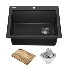 Bellucci 25" Drop In Single Basin Granite Composite Kitchen Sink with Basket Strainer and Cutting Board