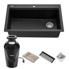 Bellucci 33" Drop In Single Basin Granite Kitchen Sink with Basket Strainer, Cutting Board, and Garbage Disposal