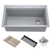 Bellucci 33" Drop In Single Basin Granite Composite Kitchen Sink with Basket Strainer, Cutting Board, and Drain Board