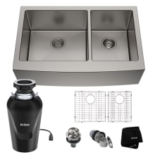Standart PRO 35-7/8" Farmhouse Double Basin Stainless Steel Kitchen Sink with Basin Rack, Basket Strainer, and Garbage Disposal
