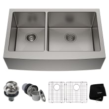 32-7/8" Double Basin 16 Gauge Stainless Steel Kitchen Sink for Farmhouse Installations with 40/60 Split - Basin Racks and Basket Strainers Included