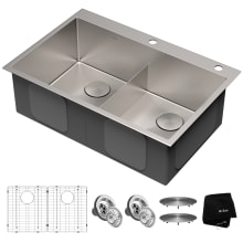 Standart Pro 33" Undermount Double Basin Stainless Steel Kitchen Sink with Basin Rack and Basket Strainer