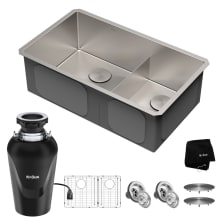 Standart PRO 32" Undermount Double Basin Stainless Steel Kitchen Sink with Basin Rack, Basket Strainer, Garbage Disposal, and NoiseDefend Technology