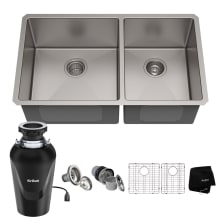 Standart PRO 32-3/4" Undermount Double Basin Stainless Steel Kitchen Sink with Basin Rack, Basket Strainer, and Garbage Disposal