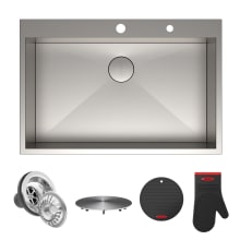 Pax 33" Drop In Single Basin Stainless Steel Kitchen Sink with Sound Dampening - Includes Basket Strainer, Drain Cover, Oven Mitt, and Trivet