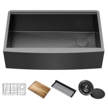 Kore 32-7/8" Farmhouse Single Basin Stainless Steel Kitchen Sink with Basin Rack, Basket Strainer, Cutting Board, Drying Mat, and Cover Cap