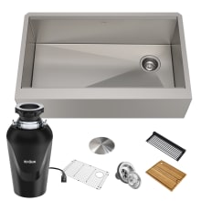 Kore 32-7/8" Farmhouse Single Basin Stainless Steel Kitchen Sink with Basin Rack, Basket Strainer, Cutting Board, and Garbage Disposal