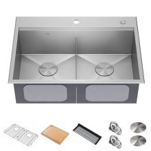 Kore 30" Drop In Double Basin Stainless Steel Kitchen Sink with Basin Rack, Basket Strainer, Cutting Board, and NoiseDefend Technology