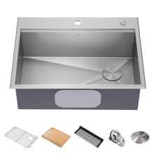 Kore 28" Drop In Single Basin Stainless Steel Kitchen Sink with Basin Rack, Basket Strainer, Cutting Board, and NoiseDefend Technology