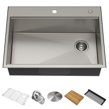 Kore 30" Drop In or Undermount Single Basin Stainless Steel Kitchen Sink with Strainer, Basin Rack, Cutting Board, Drain Cap, and Rolling Mat
