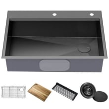 Kore 33" Drop In Single Basin Stainless Steel Kitchen Sink with Basin Rack, Basket Strainer and Cutting Board