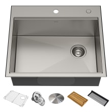 Kore 25" Drop In or Undermount Single Basin Stainless Steel Kitchen Sink with Strainer, Basin Rack, Cutting Board, Drain Cap, and Rolling Mat
