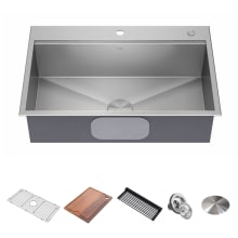 Kore 33" Drop In Single Basin Stainless Steel Kitchen Sink with Basin Rack, Basket Strainer, Cutting Board, Drain Board, and Cover Cap