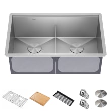 Kore 30" Undermount Double Basin Stainless Steel Kitchen Sink with Basin Rack, Basket Strainer, Cutting Board, and NoiseDefend Technology