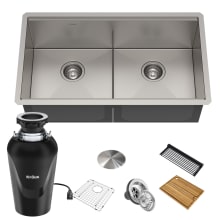 Kore 33" Undermount Double Basin Stainless Steel Kitchen Sink with Basin Rack, Basket Strainer, Cutting Board, and Garbage Disposal