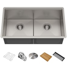 Kore 33" Undermount Double Basin Stainless Steel Kitchen Sink - Basin Rack, Strainer, Cutting Board, and Drying Mat Included