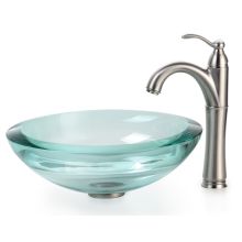 Bathroom Combo - 17" Clear Glass Vessel Bathroom Sink with Vessel Faucet, Pop-Up Drain, and Mounting Ring