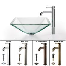 Bathroom Combo - 16-1/2" Aquamarine Glass Vessel Bathroom Sink with Vessel Faucet, Pop-Up Drain, and Mounting Ring